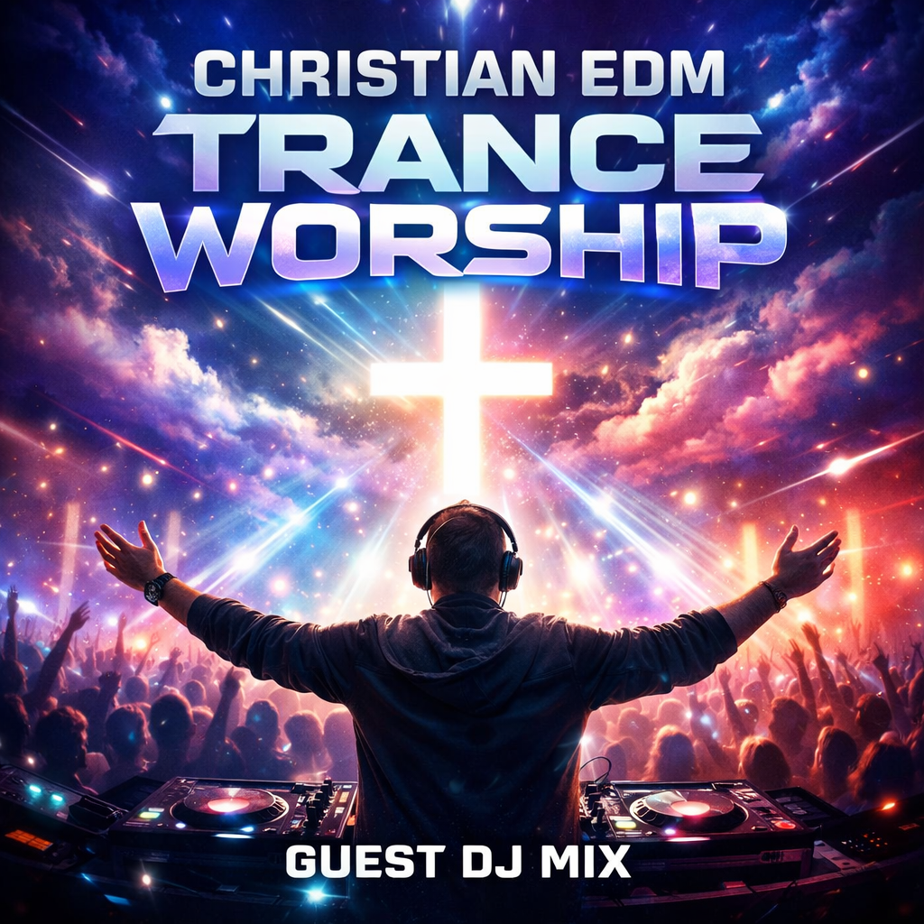 DJ with headphones and arms raised in front of a glowing cross and energetic crowd
