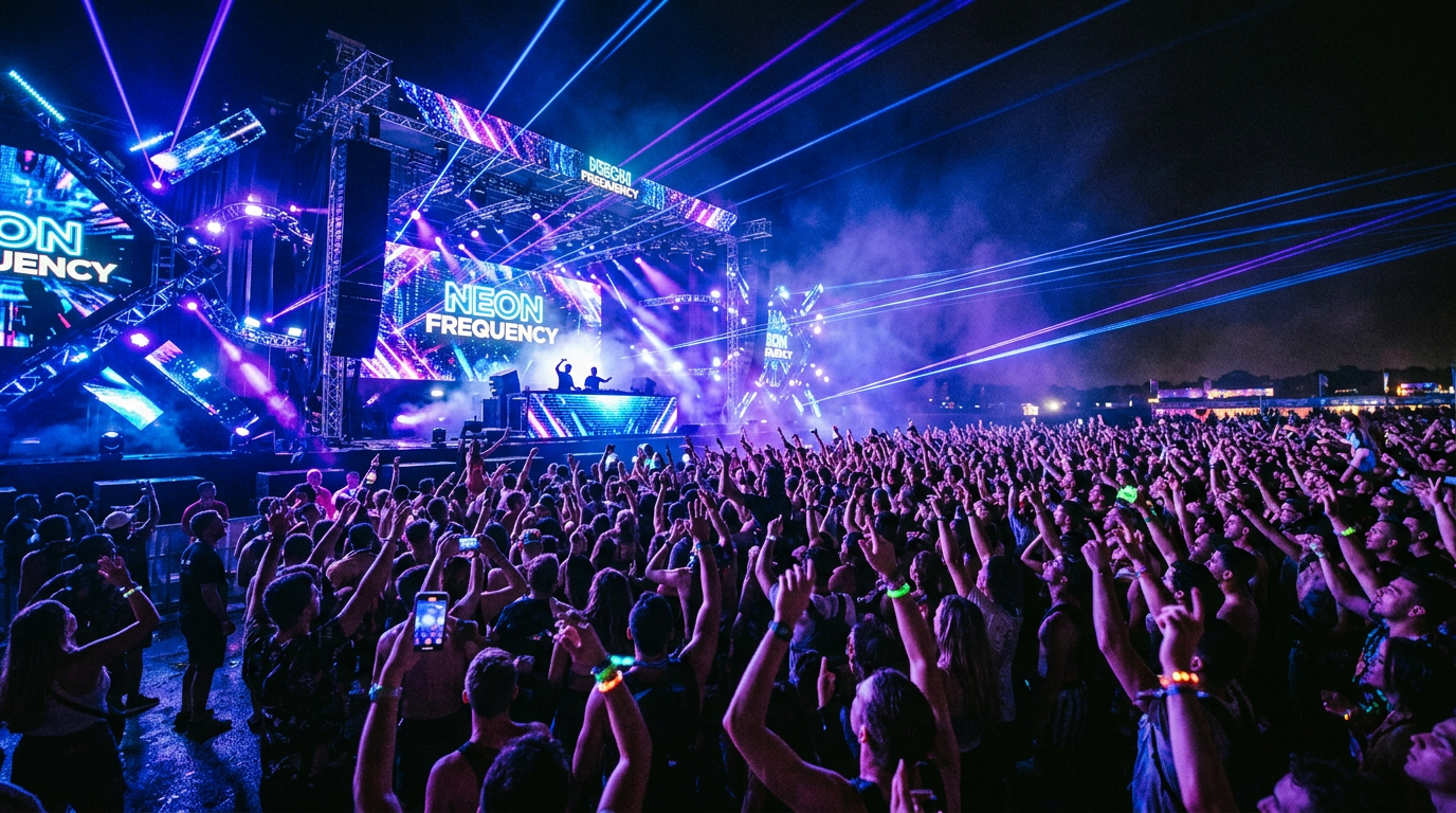 Crowd at an outdoor electronic music festival with neon lights and laser effects at night