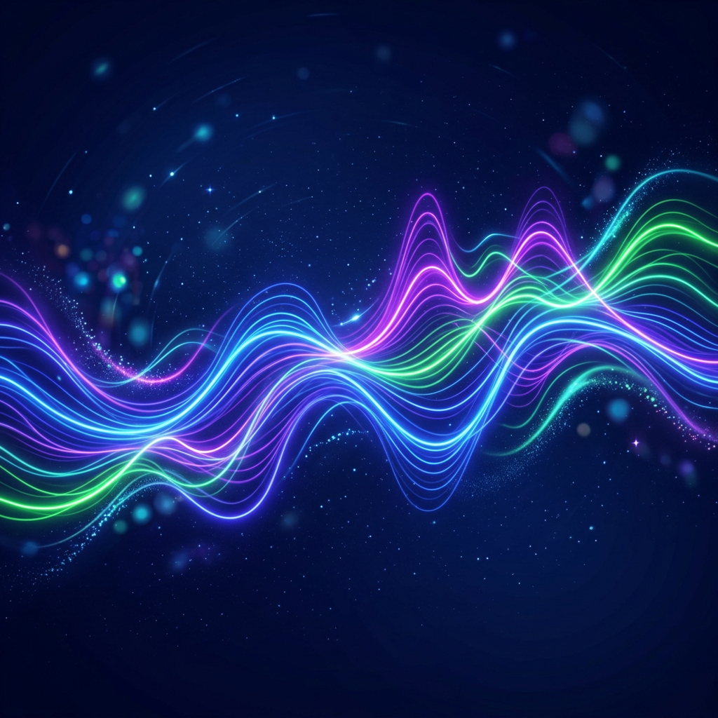 Neon blue, green, and purple waves flowing across a starry dark background